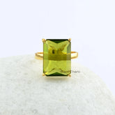 Beautiful Peridot Quartz Rectangle Gemstone Prong Set Ring - 925 Sterling Silver Gold Plated Ring - Birthday Gift Ring - Christmas Gift Ring